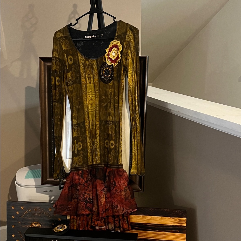 Desigual Olive and Burgundy Long Sleeve Dress